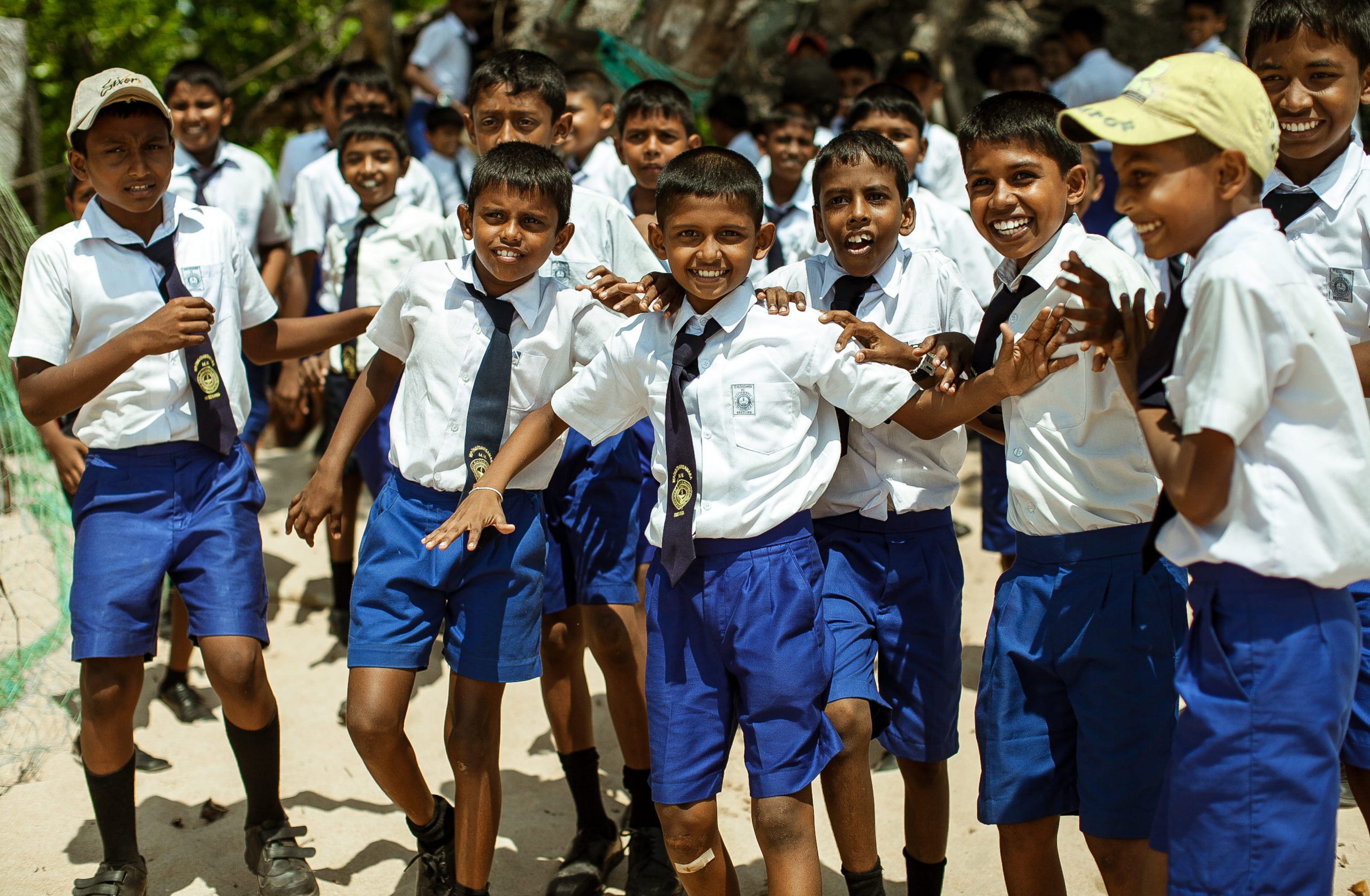 School Children Dressed Uniform Have Fun Play Schoolyard